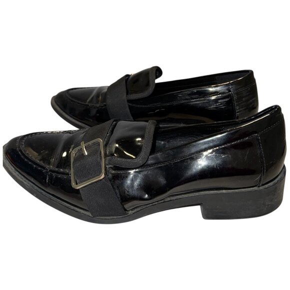 ZARA Vegan Patent Leather Loafers 38 7.5 Low Heel Buckle Detail Goth Preppy Faux - Picture 15 of 16